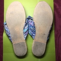 サンダル　つっかけ　青小花　リボン　皮　麻　リゾート風　レディースの画像