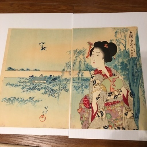 【全国配送】揚州周延 木版画「名勝美人会 東京 上野不忍池 」浮世絵 木版画 明治