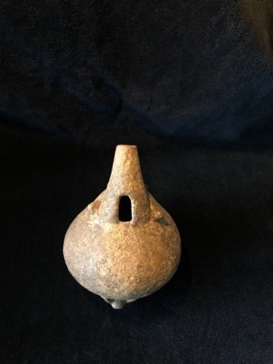 中米コスタリカ　黒色動物丸形笛　発掘出土品　市川清鑑定箱付　古美術　民族楽器
