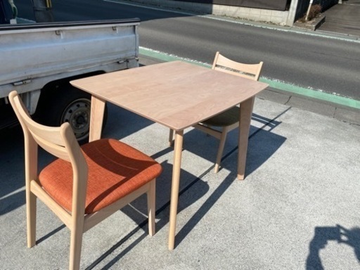 エリー ダイニングテーブル 3点セット 2人掛け 天然木 テーブル チェア ユノメ家具 椅子 イス 中古家具