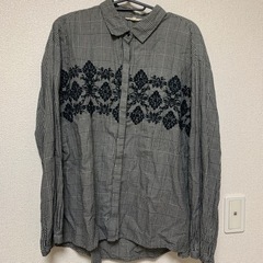 花柄刺繍 ギンガムチェックシャツ L