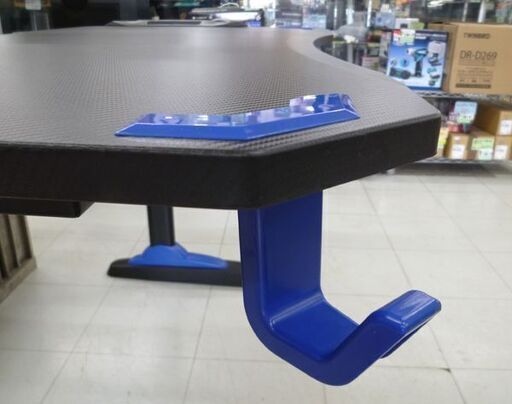 ゲーミングデスク 幅120×奥行65×高73.7cm PCデスク パソコンデスク 机 ブラック×ブルー ヘッドホンフック付 苫小牧西店