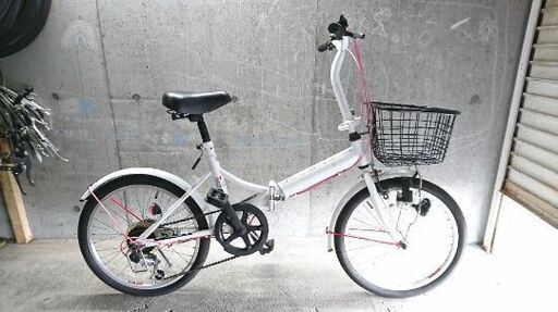 折りたたみ自転車中古 CAPTAIN STAG 外装6段変速 カゴライト付き タイヤ20インチ カラーホワイト