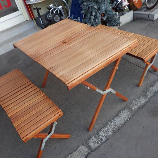 格安！店舗受け渡し可能　アウトドアテーブル/ベンチ ロールトップテーブル/ウッドロールベンチ　3点セット 木製 キャンプ ウッドテーブル札幌市内限定配送