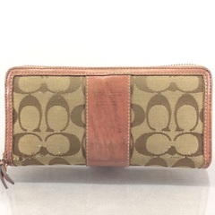 COACH コーチ ピンクレザー×シグネチャー ラウンドファスナ...