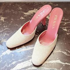 プラダ パンプス ベージュ×ピンク系 キャンバス×レザー P