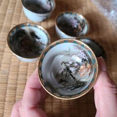 未使用　九谷焼　富士山　おちょこ　桜　5つセット　和食器　お祝い　酒器