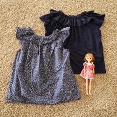 女の子 子ども服 サイズ120×２点＋リカちゃん人形 / ロペピクニックキッズの半袖フリルカットソー＆ハンドメイドのリバティフリルチュニックブラウス の画像