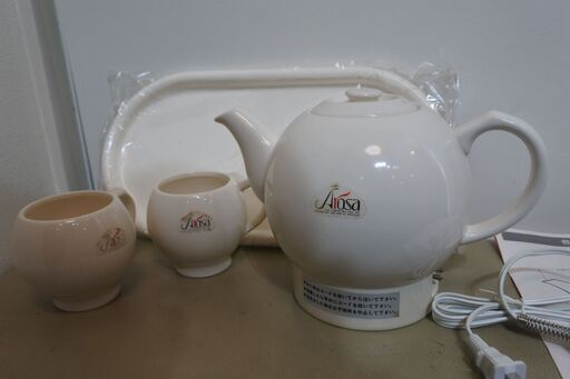 【KSD/J/82】アローサ 電気ポットAR-350 陶器製未使用長期保管品・昭和レトロ品・作動確認済 カップ2個・プレート付き 容量１．５L