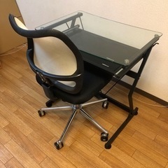 高級感のある天板ガラス製パソコンデスク&ビジネスチェアセット