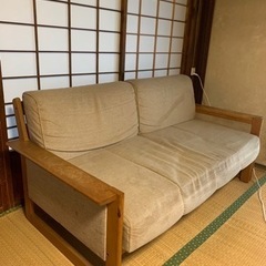 40年前　オールド　カリモク　ソファ　2人掛け　布×木　ビンテージ