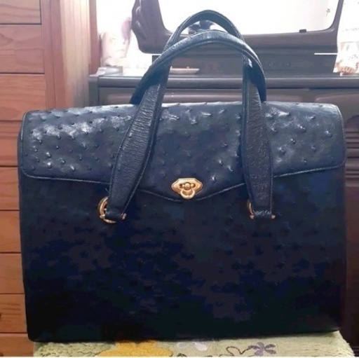 JRA 認定 オーストリッチ 皮 大型 ハンドバッグ ブラック