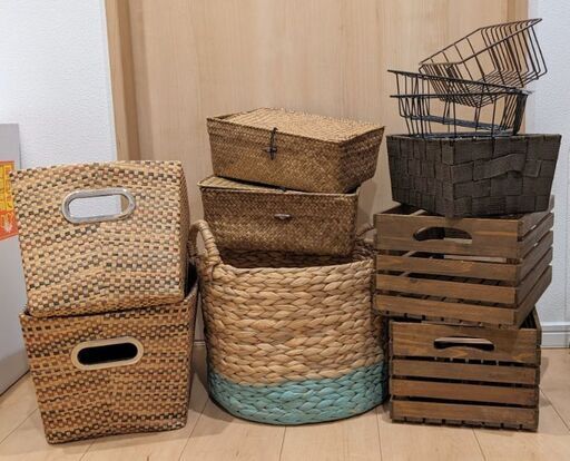 ラタンカゴ・木製ボックス・ウォールシェルフなどセット