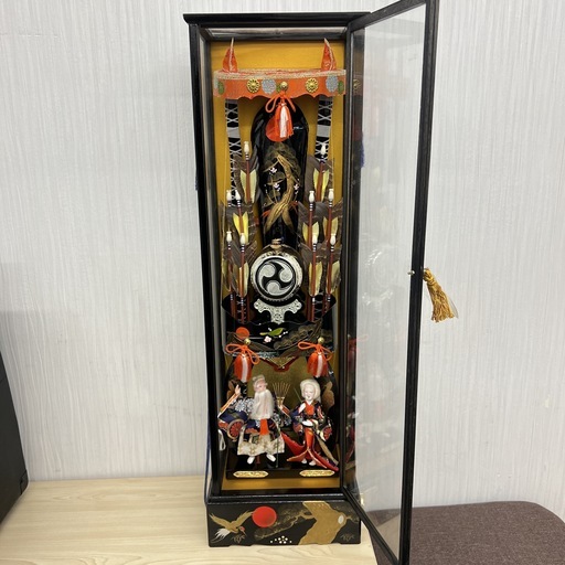 【売ります】【K2505】 高砂人形 太鼓 弓矢 ガラスケース 音楽 日本人形 現状渡し