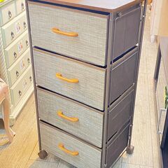 木製天板 ファブリックチェスト 収納 引き出し グレー×ブラウン 木目調 キャスター付★買取帝国 志木店の画像