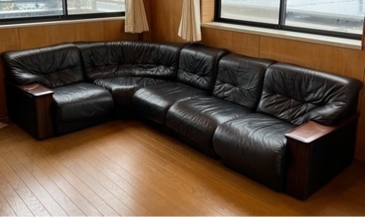 【たかＣ様商談中】本革L字型ソファー◆４〜５人用◆黒◆5点セット