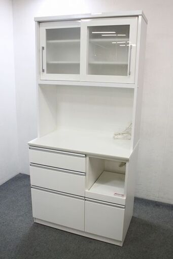 キッチンボード レジューム 90TG-S/90SH-R WH ロータイプ ホワイト 食器棚 幅90 中古家具 店頭引取歓迎 R5814)