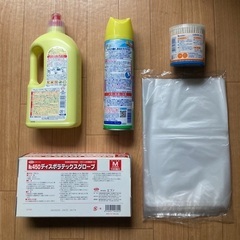 【あげます】掃除セット パイプ洗浄剤 バスクリーナー ゴム手袋 ポリ袋 綿棒 開封済の画像