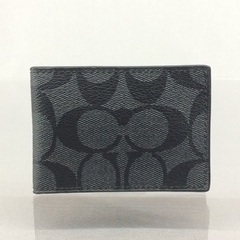 COACH メンズコーチ 黒レザー×シグネチャー パスケース 定...