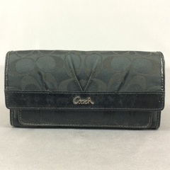 COACH コーチ 黒レザー×シグネチャー 3つ折 長財布