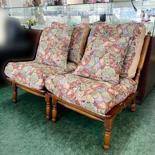 飛騨路の家具 1人掛けソファー 2脚セット かしわ木工 花柄 木の椅子 チェア クッション付