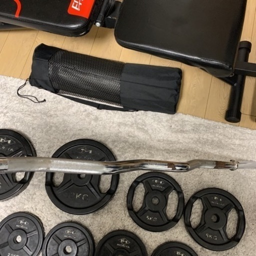 筋トレセット　Wバー 10kg 5kg プレート 40kgダンベル ベンチ トレーニングマット