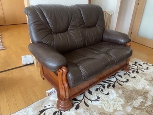 ◎高級 オランダ製ソファー 2人掛けソファー 革張り アンティーク調 オーク材 天然木楢本 オークソリッド 札幌発