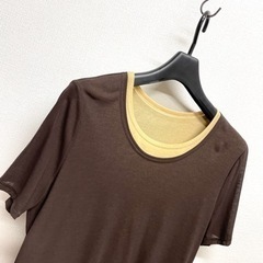 Tシャツ　半袖　重ね着風　ツートン　茶　ブラウン　イエロー　春夏　L 11号　黄の画像