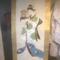 美人掛け軸、十勝石風鎮、小さな香炉のセット
