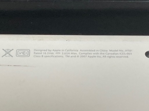 APPLE MAC book model No:a1181 (インテルMAC 13インチ)中古、起動確認後ＯＳ消去済み本体＋電源アダプ