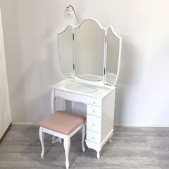 美品 クラシック猫脚ドレッサー 照明付き 3面鏡 白家具 ロココ...