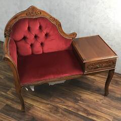 ???ba10/62 中古 テレフォンチェア 木製 ヨーロッパ調 モケット座面 猫脚 ソファ 椅子 テレフォンベンチ 鋲打ち インテリア 家具 引き出し???