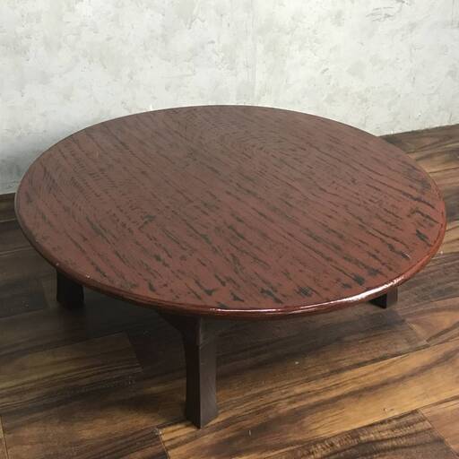 ba10/98 円卓 朱 直径 約63cm 座卓 ちゃぶ台 昭和レトロ アンティーク 木製 折りたたみ 丸ちゃぶ 折り脚 サイドテーブル