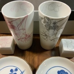 未使用　山本寛斎　Kansai ペアグラス&塩胡椒入れ　たち吉　小皿5枚セット たち吉:お皿12センチ Kansai:コップ高さ13、直径7センチ、塩胡椒入れ全て4センチの画像