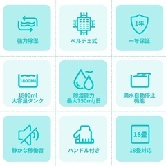 【新品未使用】部屋干しでもしっかり乾く ペルチェ式 20畳対応　　除湿機 小型 1800ML大容量 除湿器 コンパクト ペルチェ式 狭所向け 湿気取り 除湿量750ML/日 切タイマー 七色ライト 霜取り機能 結露防止 睡眠モード搭載 取っ手付き 静音 消臭 省エネ 脱衣所 クローゼット 下駄箱 玄関 ホワイトの画像
