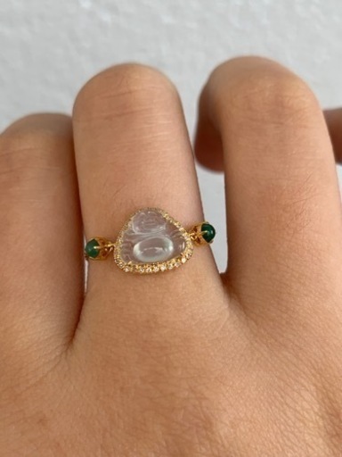 本翡翠リング　指輪　超高品質　高品質　高氷ヒスイ　k18 ダイヤモンド　魔除け　布袋様　一点物　お買い得品