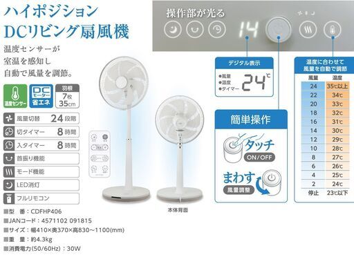 【美品】2021年製 ハイポジション DCモーター 扇風機 7枚羽 35cm 温度センサー  CDFHP406 シィー・ネット