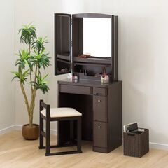 照明つき 三面鏡ドレッサー 椅子付き ダークブラウン 茶 ☆買取帝国 志木店