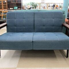 札幌市/清田区 2人掛けソファ ブルー 木製肘掛け ジーンズ地 ソファ 布張り
