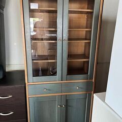 カントリー調ウッドカップボード 食器棚 リビング収納 グリーン系...