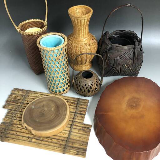 KI9/5　昭和レトロ 花籠 花器 花台 まとめて7点 竹編 手付花籠 竹籠 花瓶 花生 花入 竹細工 竹工芸 一輪挿し 飾り台 楓 nenrin BY TAKATO