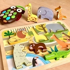 動物のおもちゃ2点セット 型はめパズル&音の鳴るフクロウ