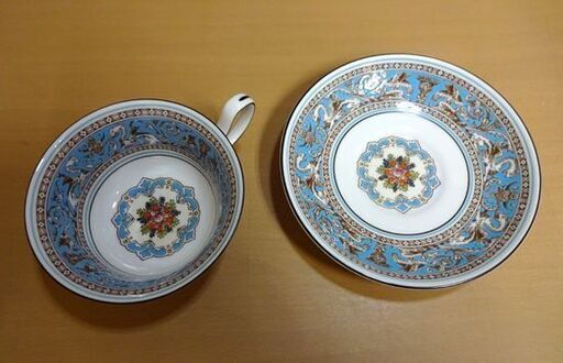 ウェッジウッド ティーカップ＆ソーサー フロレンティーン ターコイズ ピオニー 旧刻印 2客セット WEDGWOOD FLORENTI