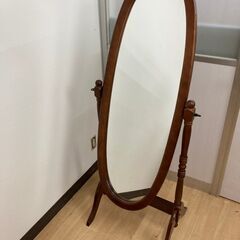 【レガストック川崎本店】アンティーク調 木製鏡 楕円型 姿見 スタンドミラー