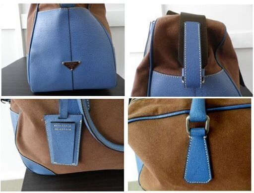 プラダ PRADA ボストンバッグ ショルダーバッグ キャンバス レザー 2WAY 南京錠×鍵2本付属 茶×青 補修あり 西岡店