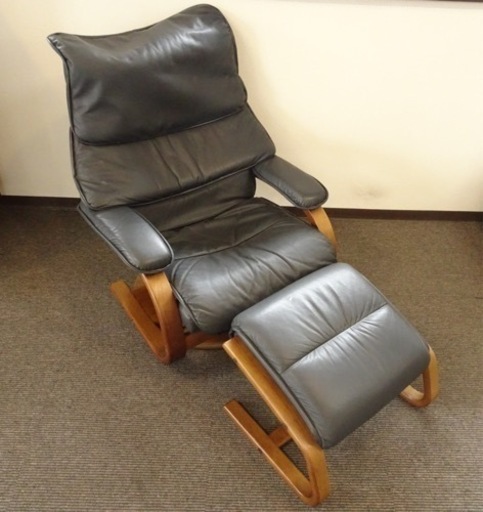 【中古品】冨士ファニチア FUJI FURNITURE リクライニングチェア&オットマン 本革 レザー