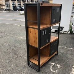 ★雰囲気良好！★BIMAKES インダストリアル アイアンラック オープンシェルフ 天然木 スチール扉 飾り棚 木製 シェルフ R040616の画像