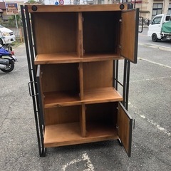 ★雰囲気良好！★BIMAKES インダストリアル アイアンラック オープンシェルフ 天然木 スチール扉 飾り棚 木製 シェルフ R040616の画像