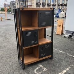 ★雰囲気良好！★BIMAKES インダストリアル アイアンラック オープンシェルフ 天然木 スチール扉 飾り棚 木製 シェルフ R040616の画像