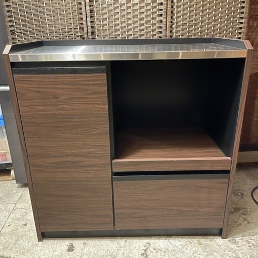 【売約済み】レンジボード　食器棚　カップボード　ステンレス　天板　カウンター　サイドボード　キッチン収納　ベルメゾン　bellemaison  ステンレス天板のキッチンカウンター　レンジ台　ブラウン　カラー　スタイリッシュ